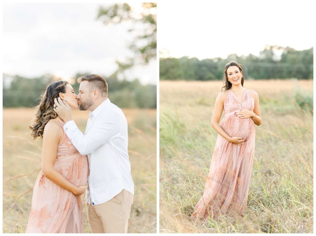 An expecting mother smiling at the camera and holding her pregnant belly while taking maternity photos in DC