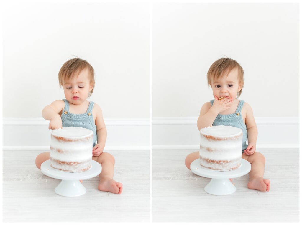 A baby wearing a blue romper smashing a cake by Northern Virginia Family Photographer