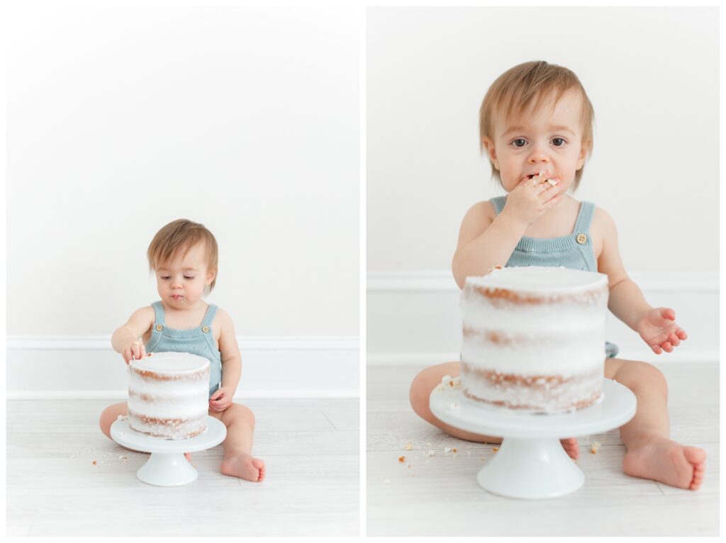 A baby in the studio playing with a smash cake by Northern Virginia Family Photographer