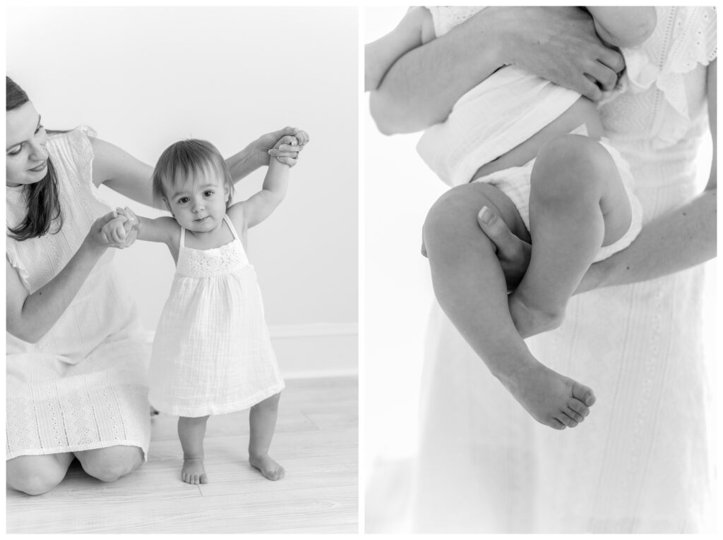 Black and white photos of a mother playing with her baby in the studio by DC Baby Photographer