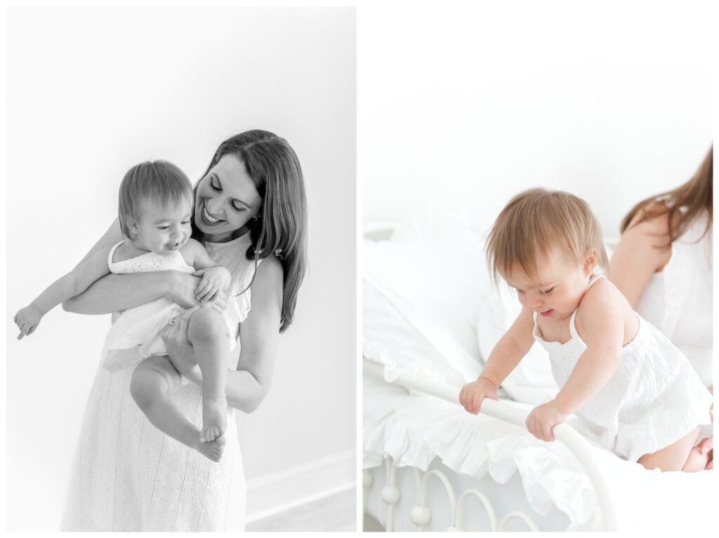 A baby playing on an all white bed by Virginia Baby Photographer