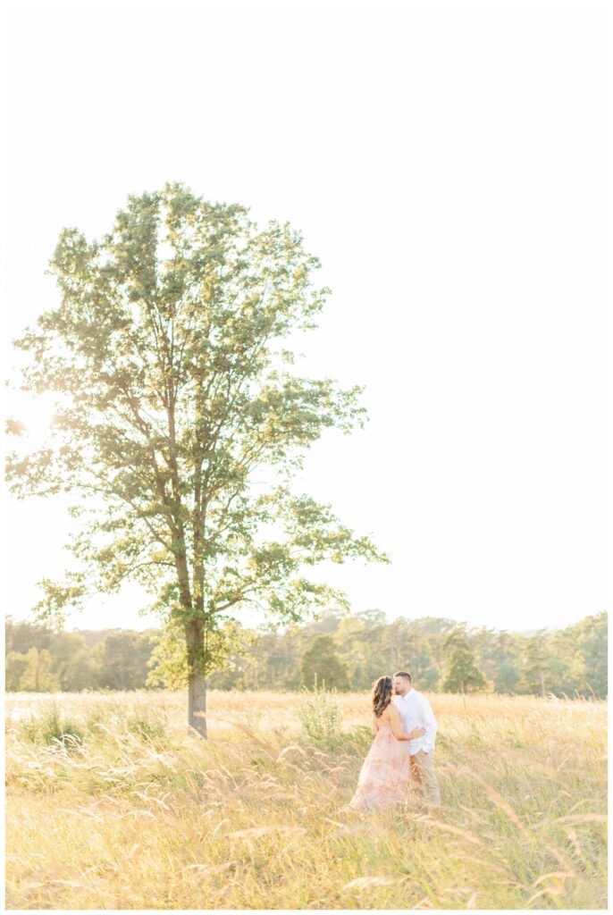 A landscape photo featuring a pregnant couple in a field posing for their Northern Virginia Maternity Photographer