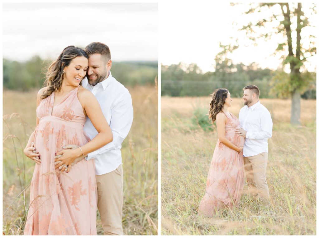 A husband snuggling up to his pregnant wife outside in a field while posing for their maternity photos in DC