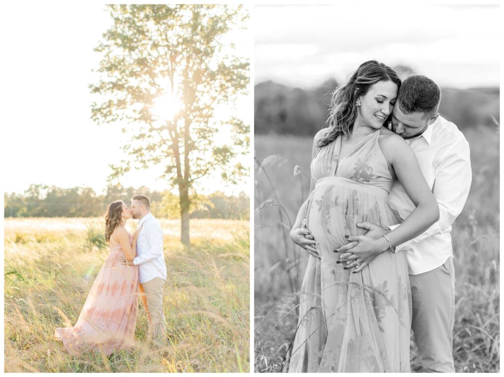A zoomed out photo of a pregnant couple at sunset kissing in a field while taking their maternity photos in DC