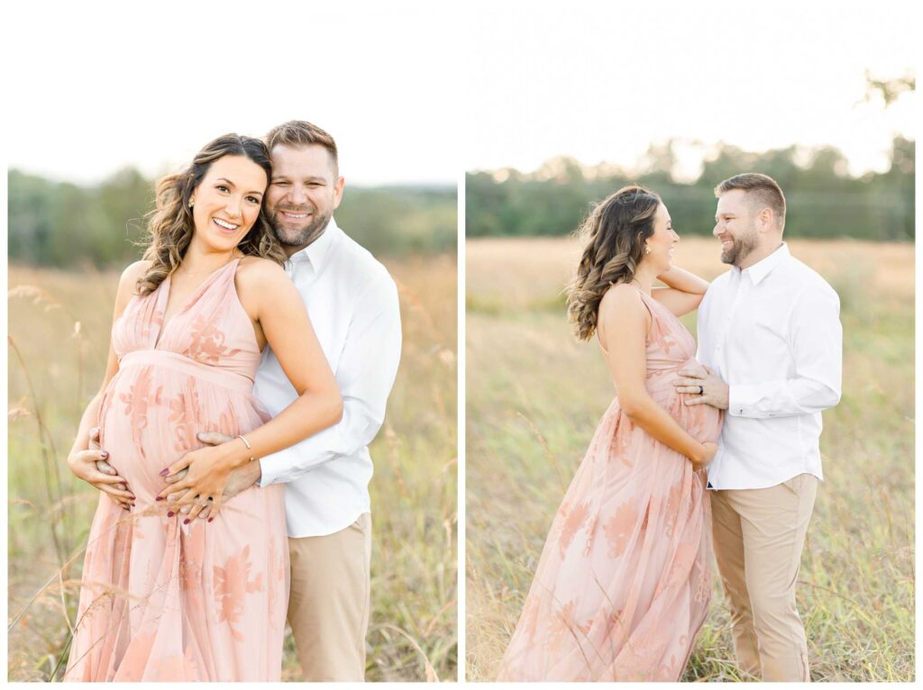 A pregnant couple smiling at the camera while standing in a field taking their maternity photos in DC